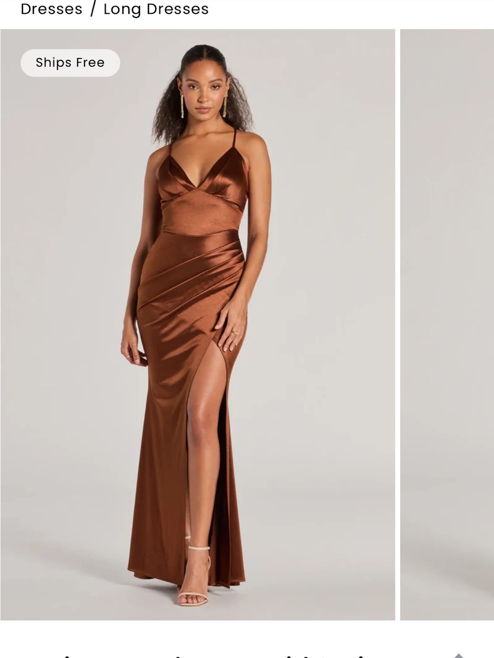 Windsor Brown Satin Spaghetti-Strap Maxi Dress with High Slit